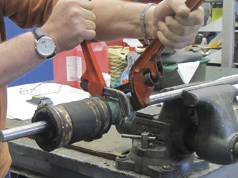  As with all jobs, disassembling a stuffing box is easier if you have the right tool, and the best tool for the job is the Ridgid E-110 wrench (you’ll need two).