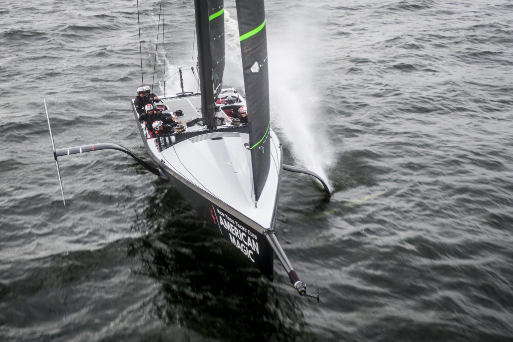 Looking a bit like an IndyCar, New York Yacht Club American Magic’s test boat, The Mule, is essentially a half-scale model of the AC75 the team is constructing for the 36th America’s Cup. © Amory Ross/American Magic