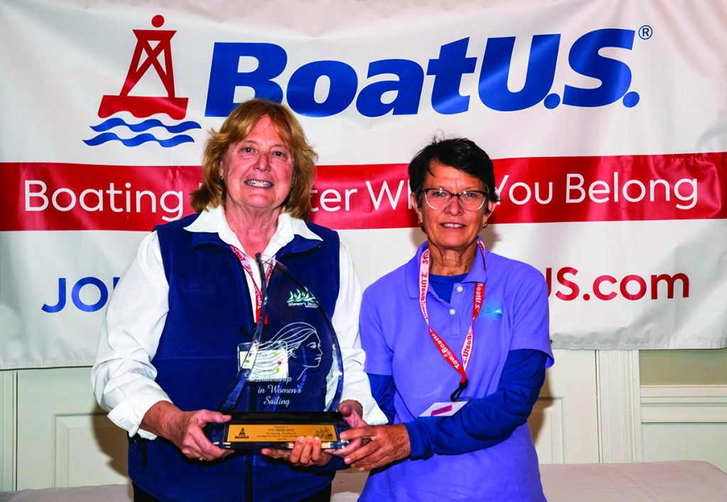 Pat Dieselman (left), 2019 BoatUS/NWSA Leadership in Women’s Sailing Award honoree, with NWSA President Debbie Huntsman © Elise Read