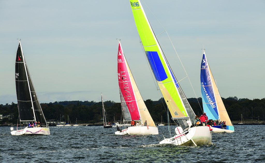 The start of a new era in college big-boat sailing! Four Figaro 2s sailed by collegiate crews accelerate off the line just after the start of the first-ever Collegiate Offshore Sailing Circuit regatta. The Collegiate Offshore Sailing Circuit (COSC), with the help of Storm Trysail, has raised over $1 million to purchase and re-fit 10 of these offshore-capable boats, and plans on at least doubling the number of boats and participating colleges over the next year.   © Maureen C. Koeppel