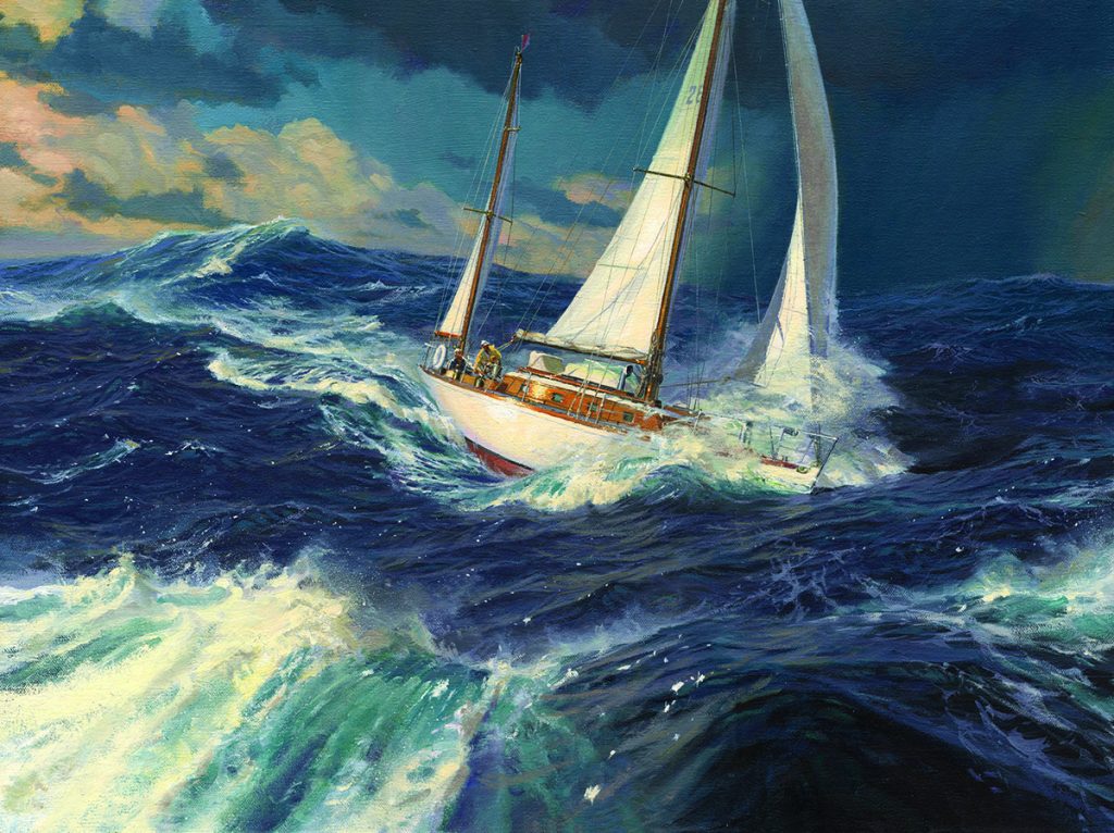 “Finisterre, 1956” – This dramatic painting by Russ Kramer depicts author, photographer and adventurer Carleton Mitchell’s yacht on her way to the first of three consecutive victories in the Newport Bermuda Race. To see more of Russ’ work, visit russkramer.com.